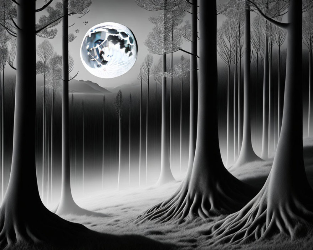 Monochrome forest landscape with stylized trees under a large glowing moon