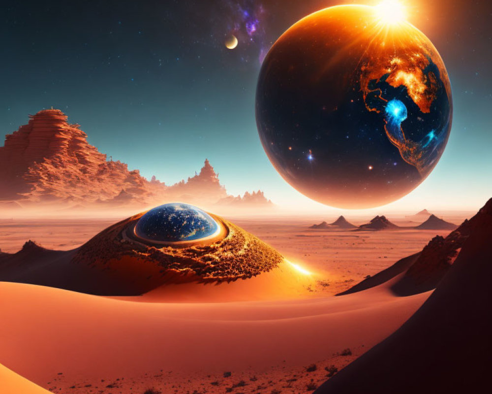 Desert landscape with dunes, Earth-like planet, moon, and sun