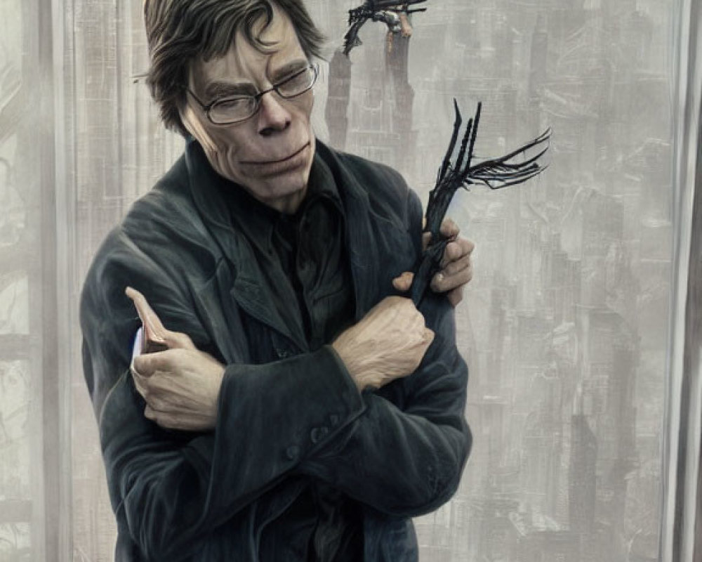 Man with disheveled hair and glasses embraces himself in bleak cityscape with twisted metallic fingers