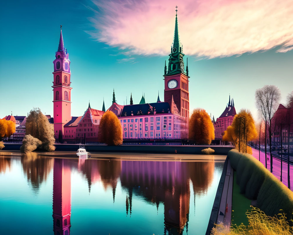 European-style building with clock tower reflected in river under pastel sky