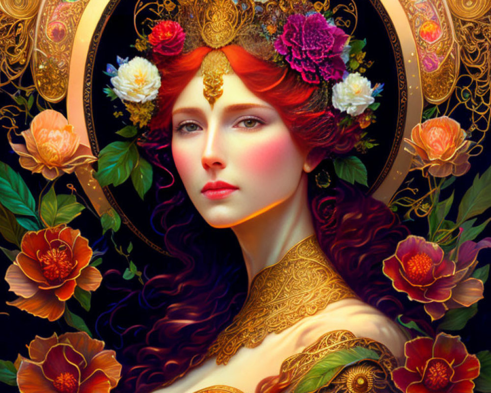 Detailed illustration of woman with red hair, floral crown, gold jewelry, surrounded by intricate patterns and flowers