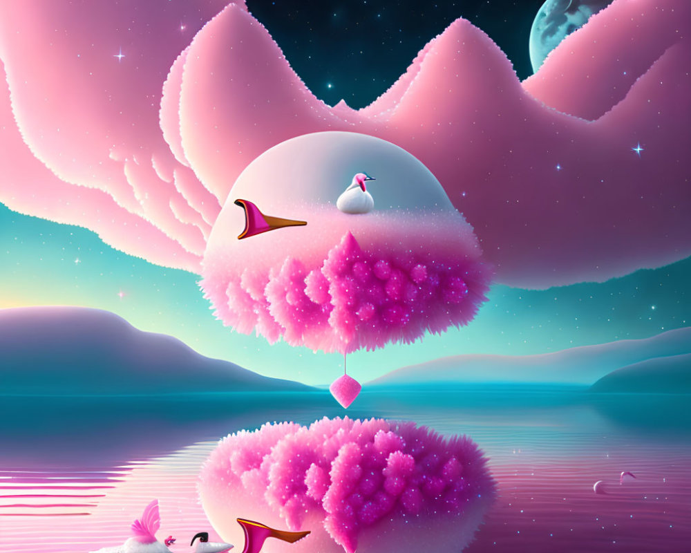 Surreal landscape with pink clouds, crescent moon, serene lake, floating islands, swans