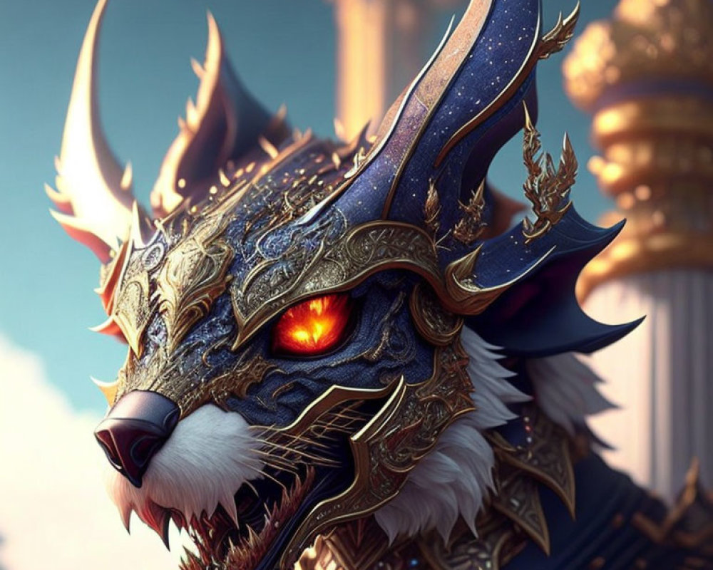 Mythical creature with wolf-like head in golden helmet