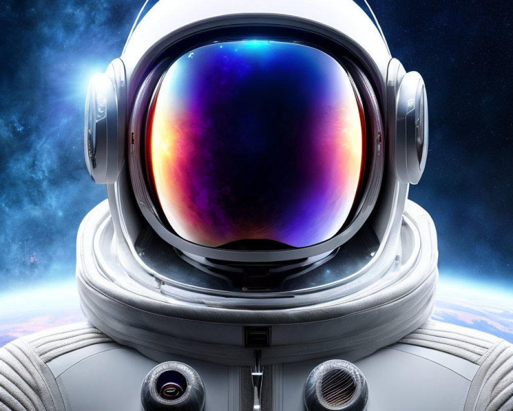 Detailed Space Helmet Reflects Vibrant Nebula and Earth's Horizon