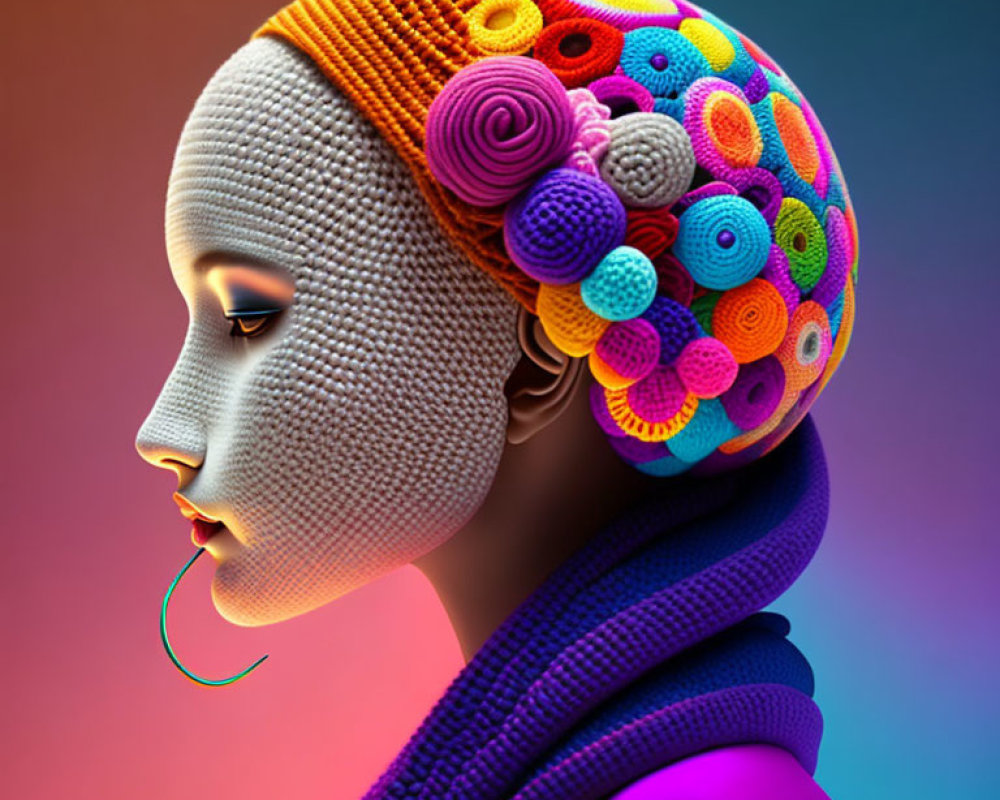 Colorful Digital Artwork: Woman with Textured Circle Headpiece on Gradient Background