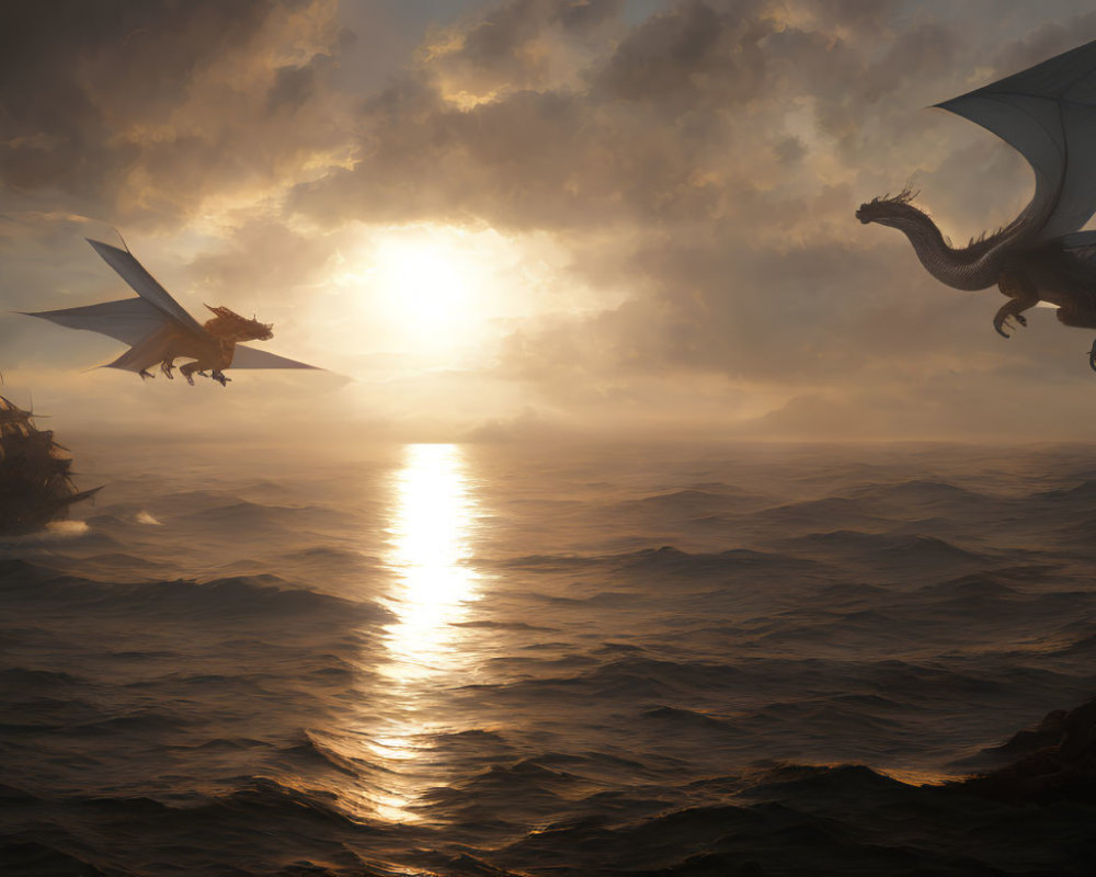 Mythical dragons soar over ocean at sunset near ancient ships