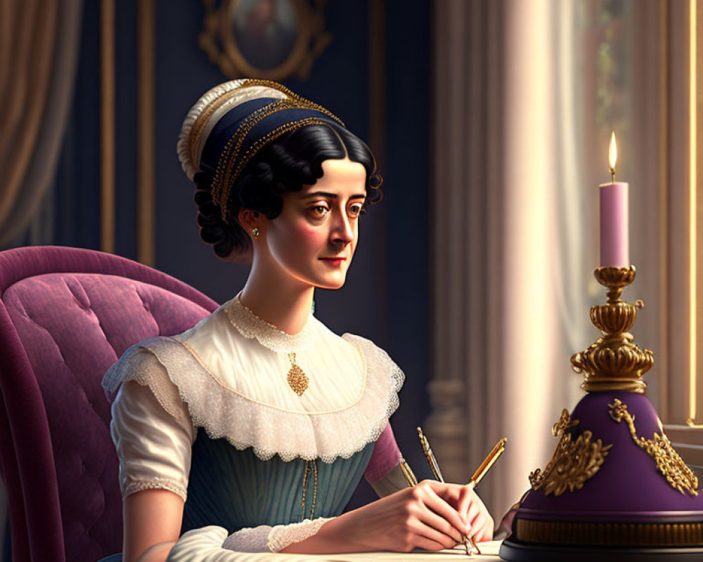 Victorian woman writing letter by candlelight at desk