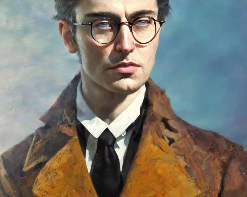 Pensive man with glasses in white shirt and brown coat portrait.