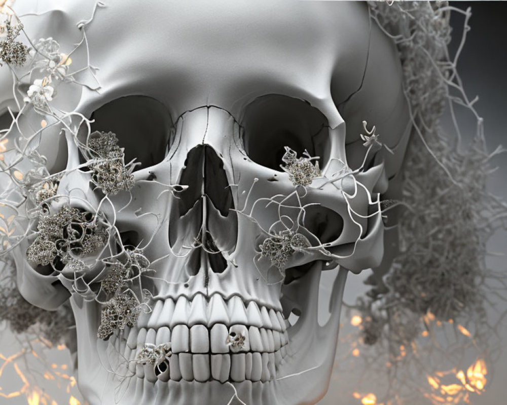 Detailed 3D human skull with silver branches on soft background