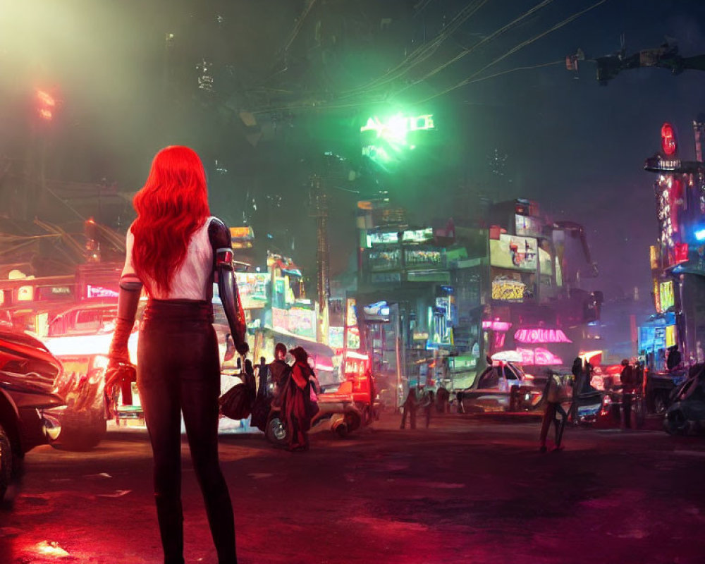 Red-Haired Woman on City Street at Night with Neon Signs