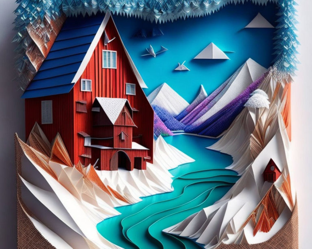 Colorful 3D Paper Art Style Landscape with Red House and Blue River