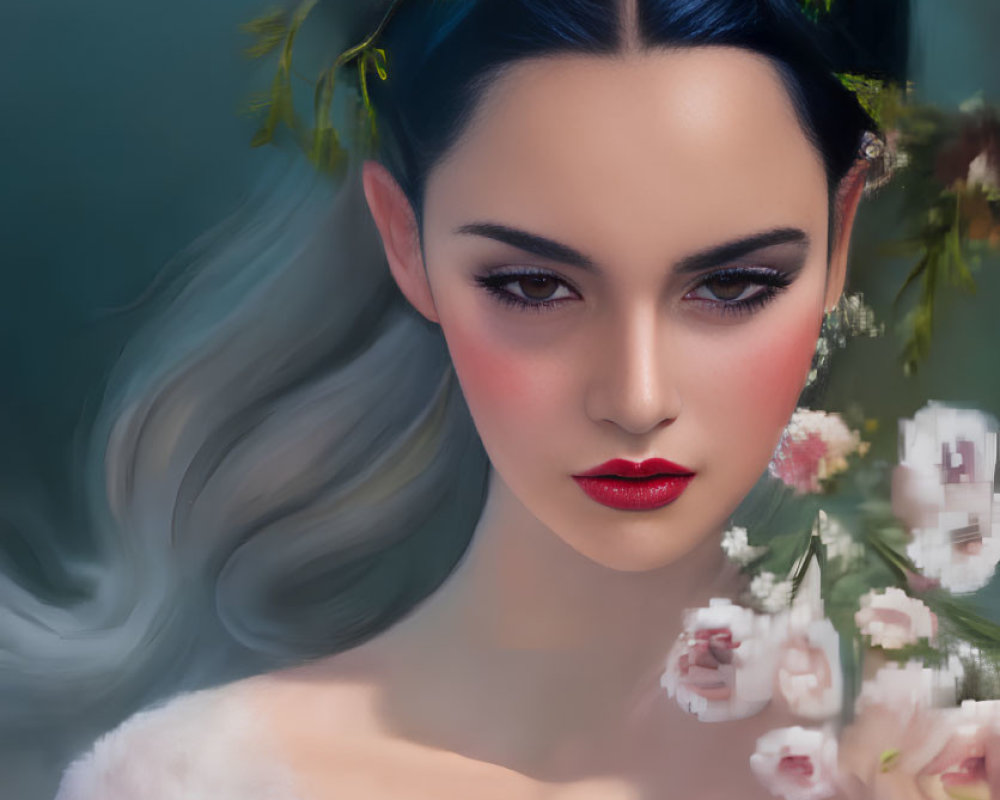 Digital portrait of woman with floral headpiece and red eyeshadow in white attire among soft-focus blooms