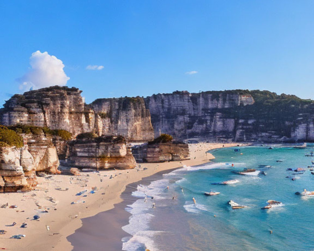 Cliffside beach scene with boats, sky, and lone figure