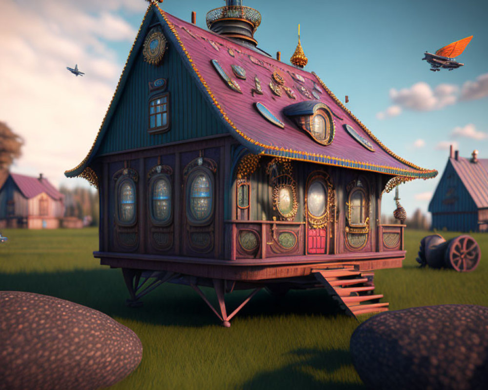 Whimsical purple house with round windows and airships in sunset sky