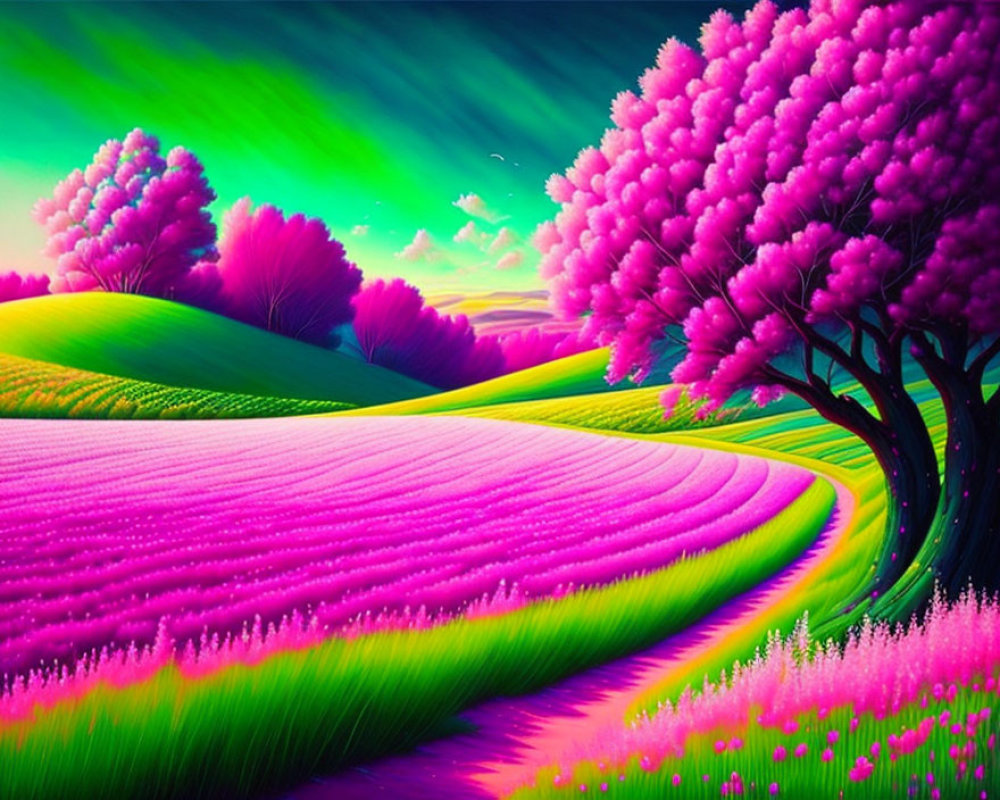 Colorful surreal landscape: pink trees, purple fields, neon green sky