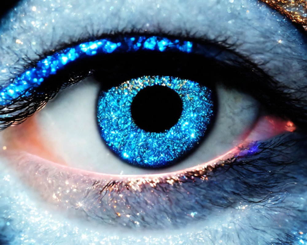 Sparkling Blue Eye with Glittery Makeup and Gold Flecks