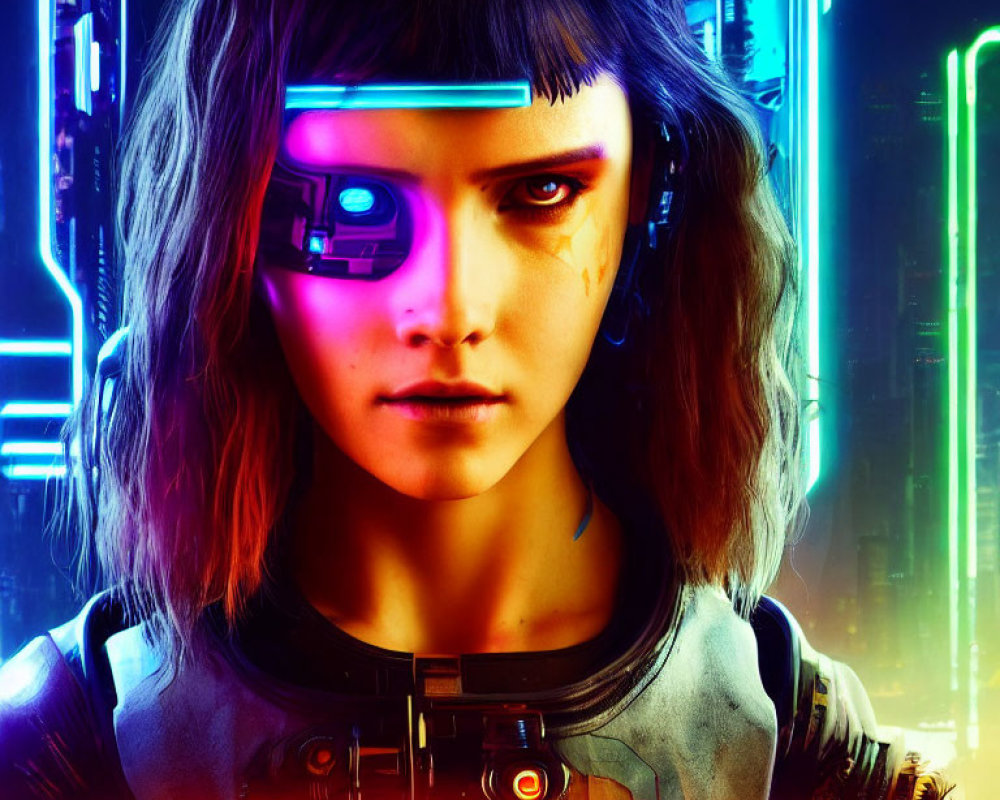 Cybernetic eye implant on woman in futuristic setting