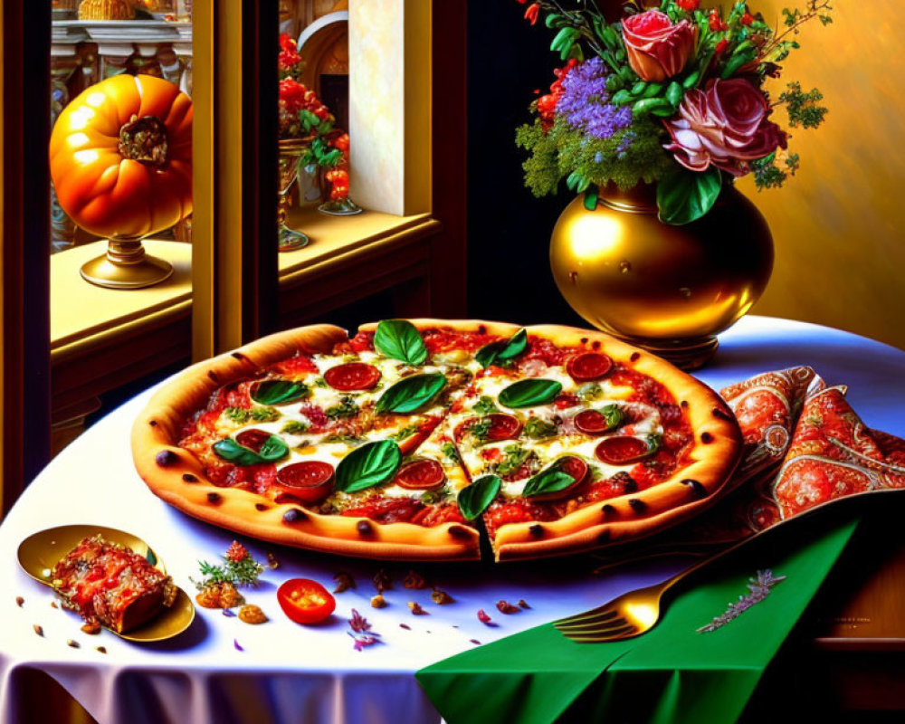 Colorful Still Life Featuring Pizza, Bouquet, Meats, Pepper, and Building