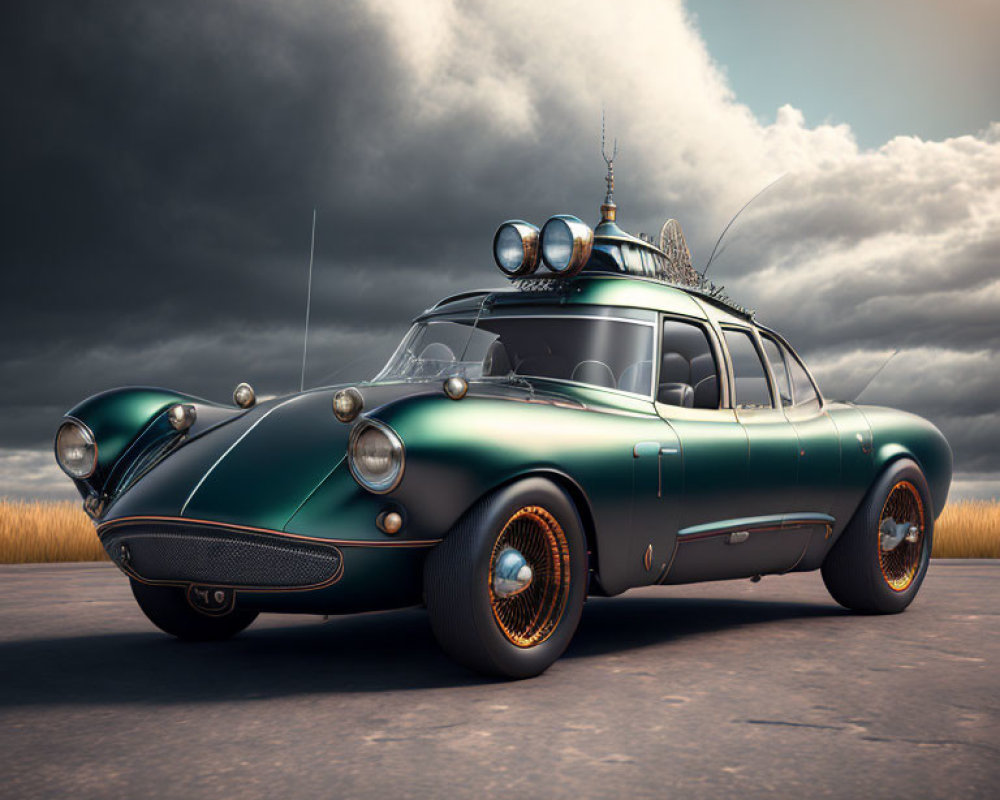 Vintage Car with Dark Green Body, Orange Rims, and Extra Lights on Cloudy Background