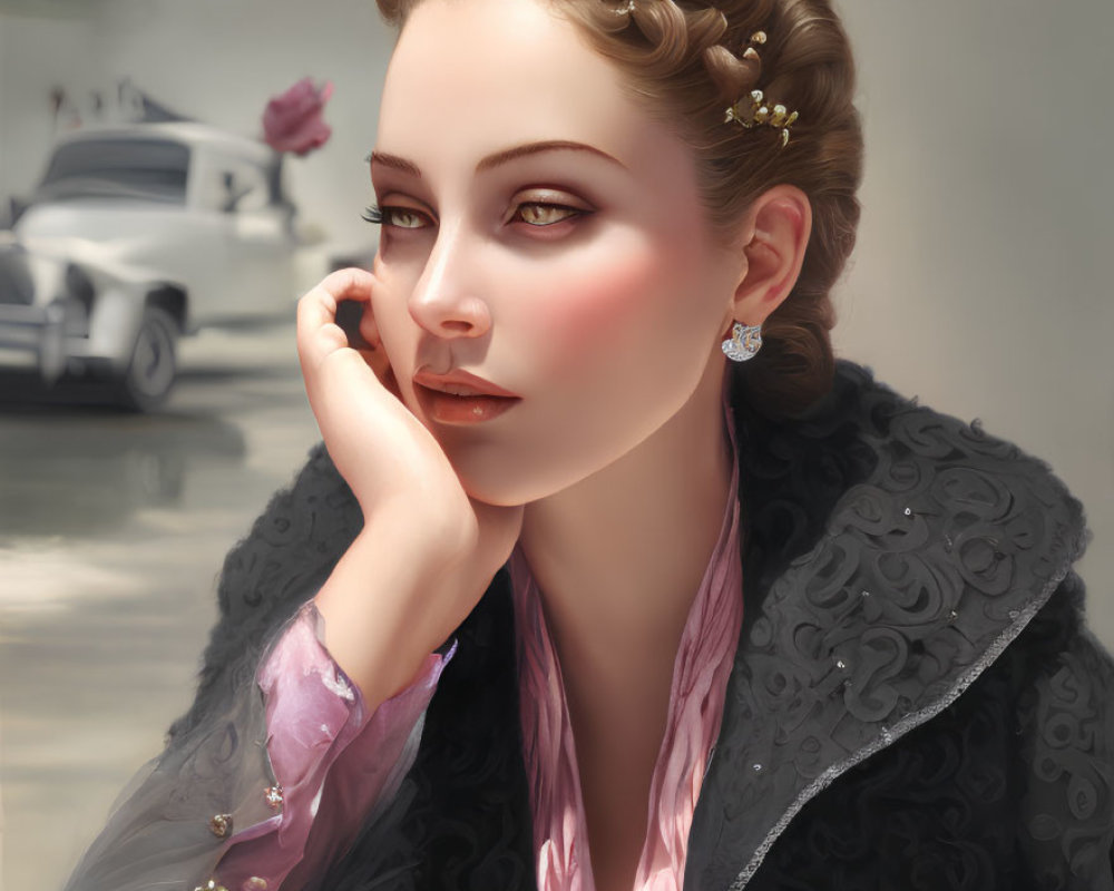 Vintage Attire Woman with Braided Hair Resting Cheek on Hand beside Classic Car