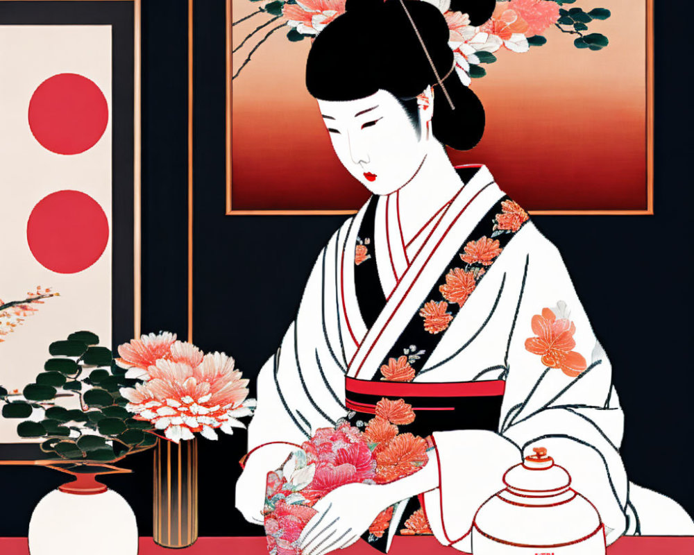 Japanese Woodblock Print: Woman in Kimono Making Tea