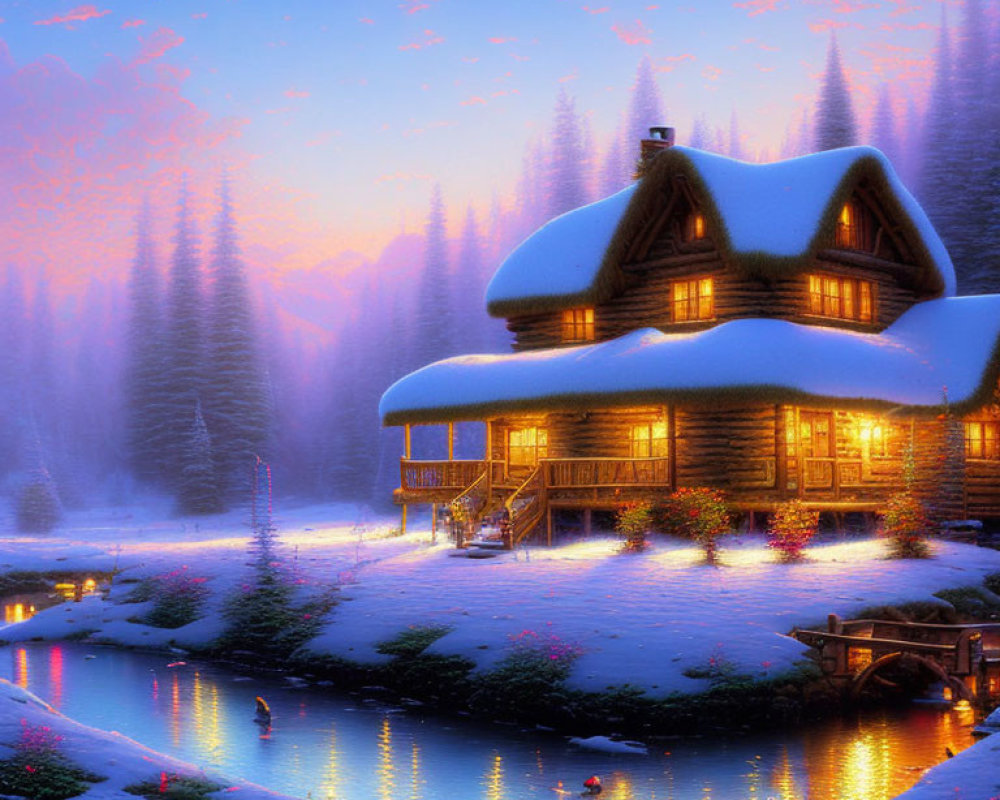 Snowy Twilight Scene: Cozy Log Cabin, Glowing River, Kayakers