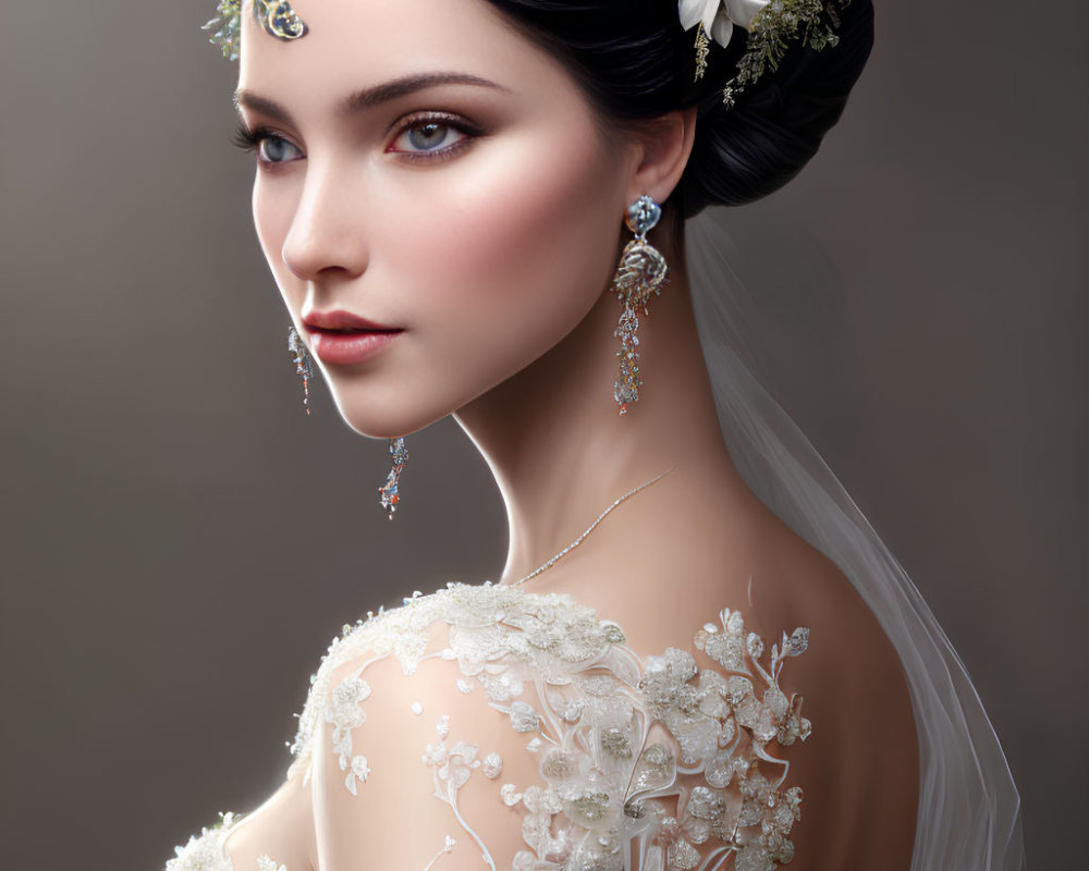 Bride wearing floral headpiece and intricate earrings in embellished gown