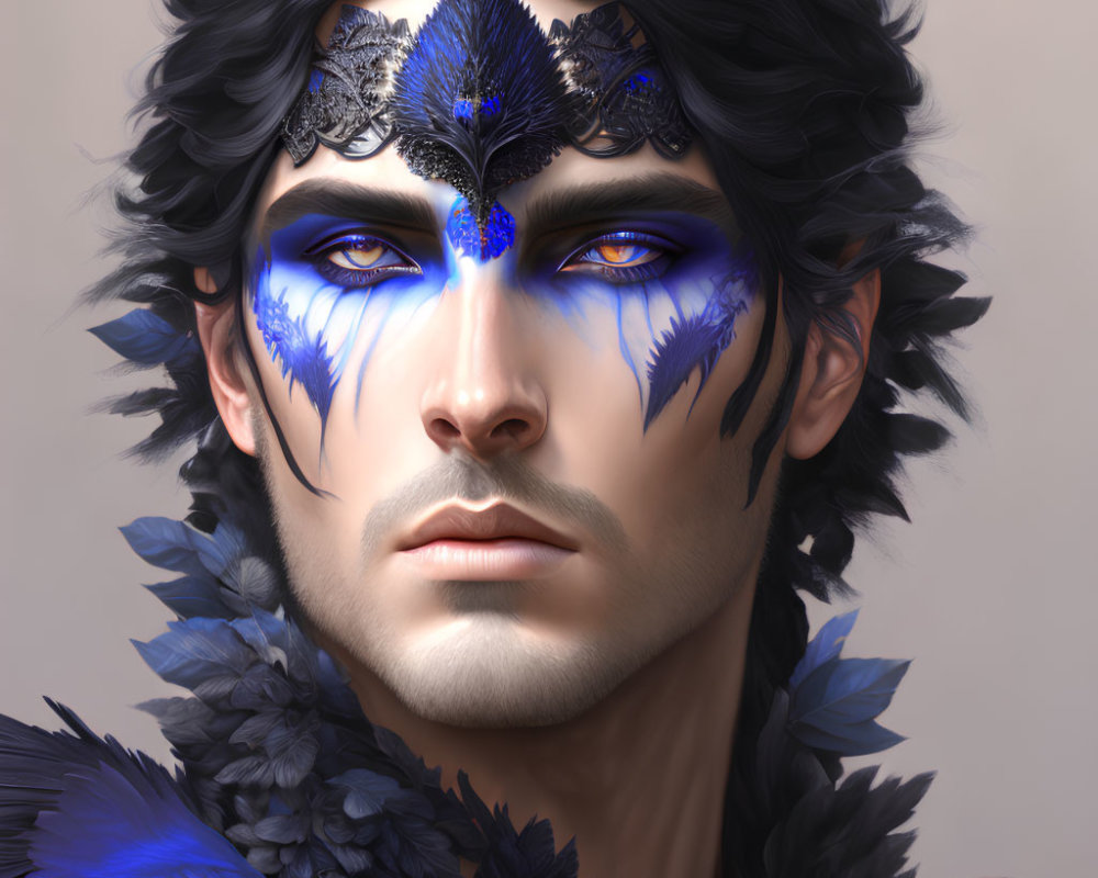 Detailed digital portrait of a man with blue eyes, feathered facial decor, and matching shoulder piece with