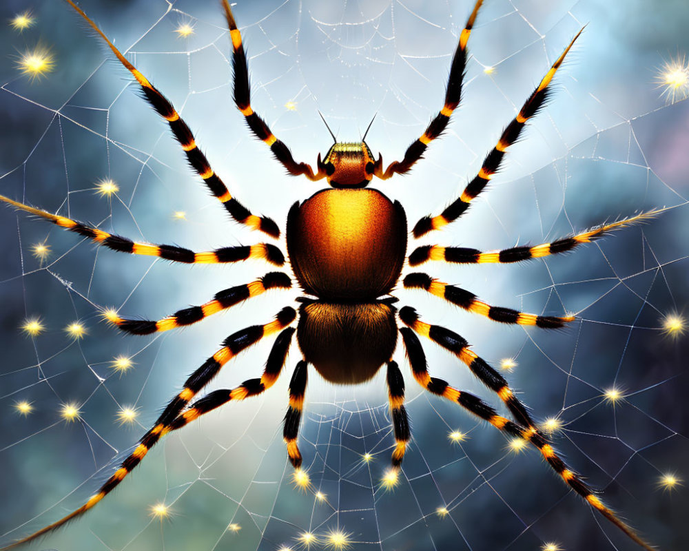 Detailed Spider Illustration with Orange and Black Striped Legs on Bokeh Background