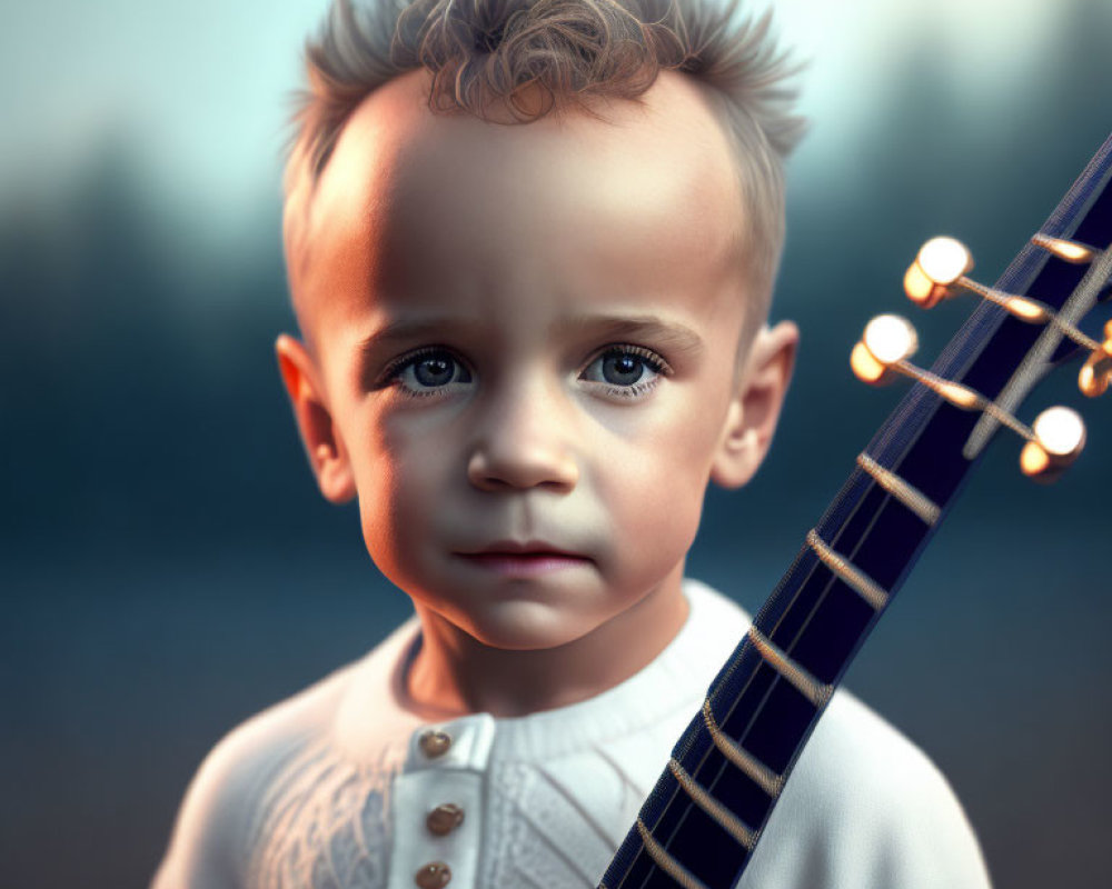 Curly-Haired Child Holding Guitar in Forest Setting