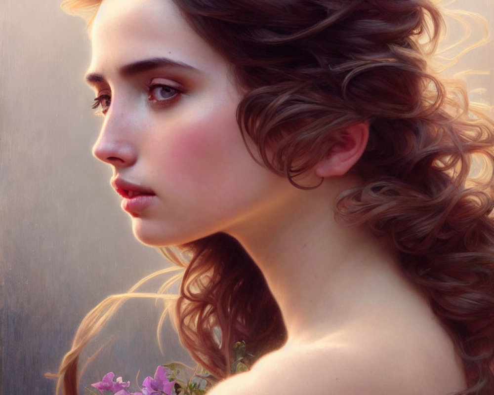 Digital painting of woman with flowing curly hair holding purple flowers