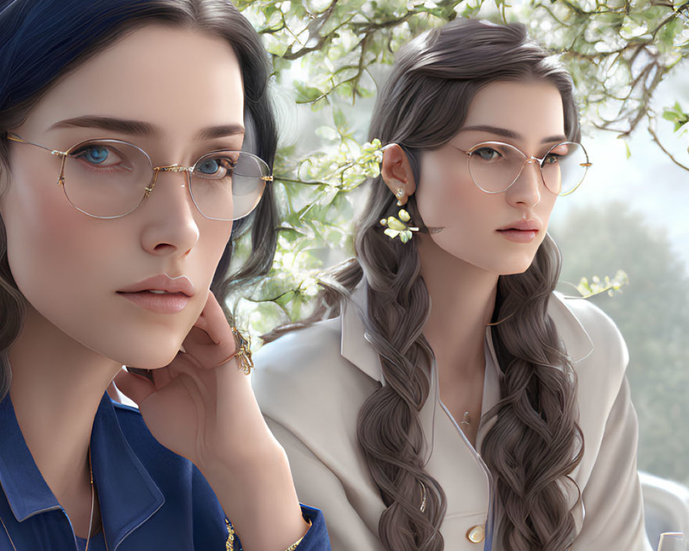 Two women with blue and golden-brown hair sitting outdoors in contemplative poses