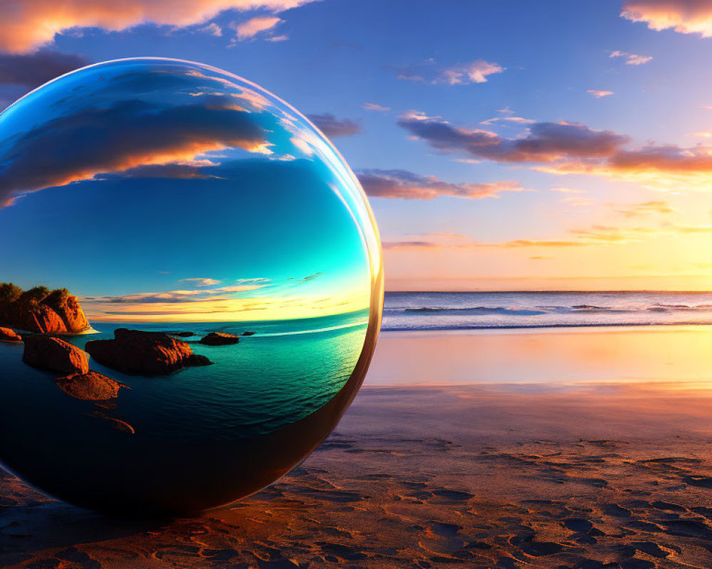 Reflective Sphere on Sandy Beach at Sunset Captures Vibrant Sky and Ocean