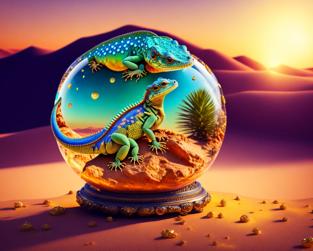 Surreal image of colorful lizards in crystal ball against desert backdrop