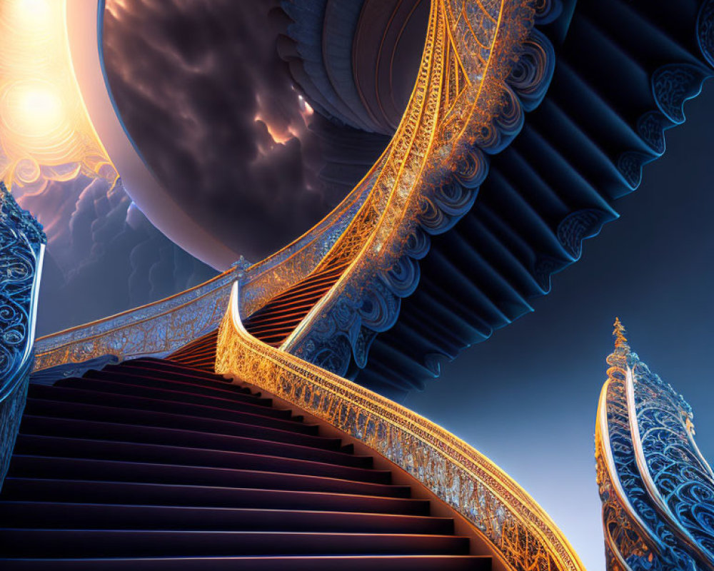 Ornate spiral staircases ascend towards celestial bodies amid dark clouds and bright light