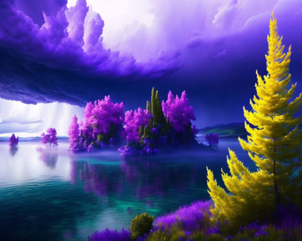 Colorful landscape with purple sky, lush islands, turquoise lake, and yellow trees.