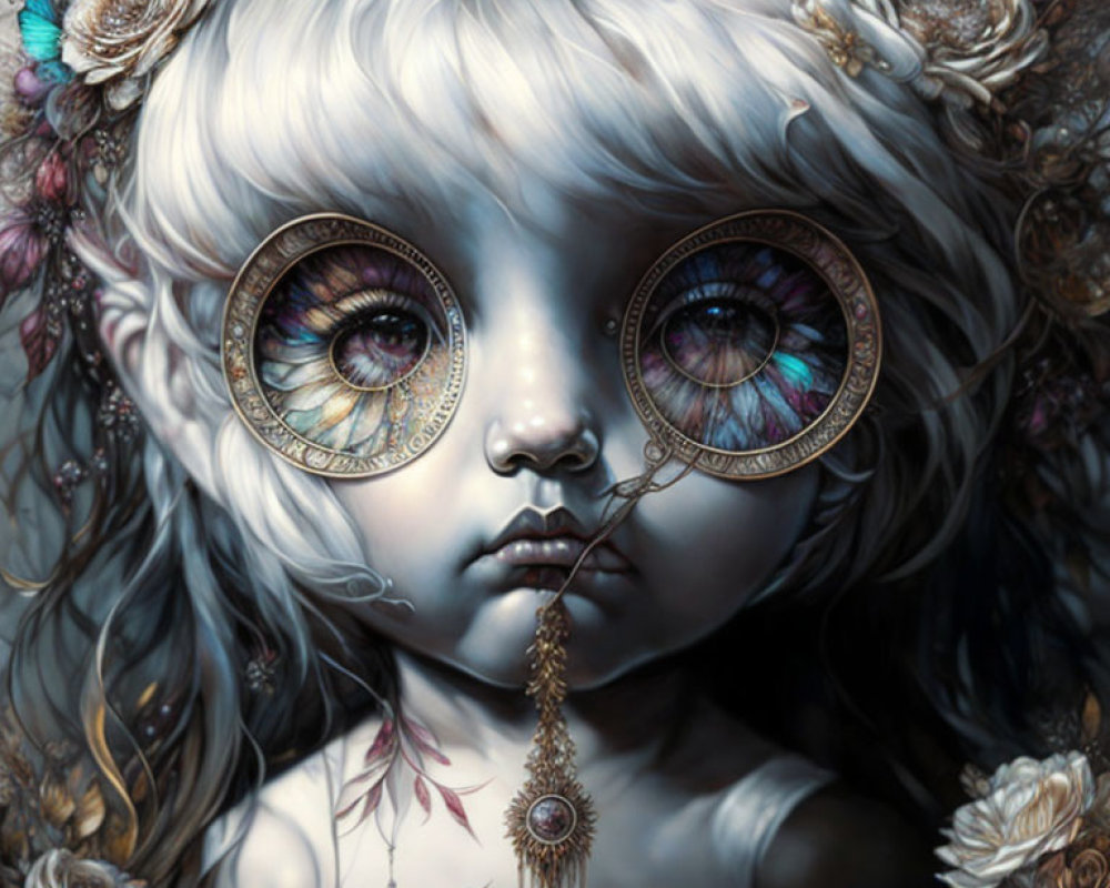 Fantasy character illustration with ornate clock face eyes and floral designs