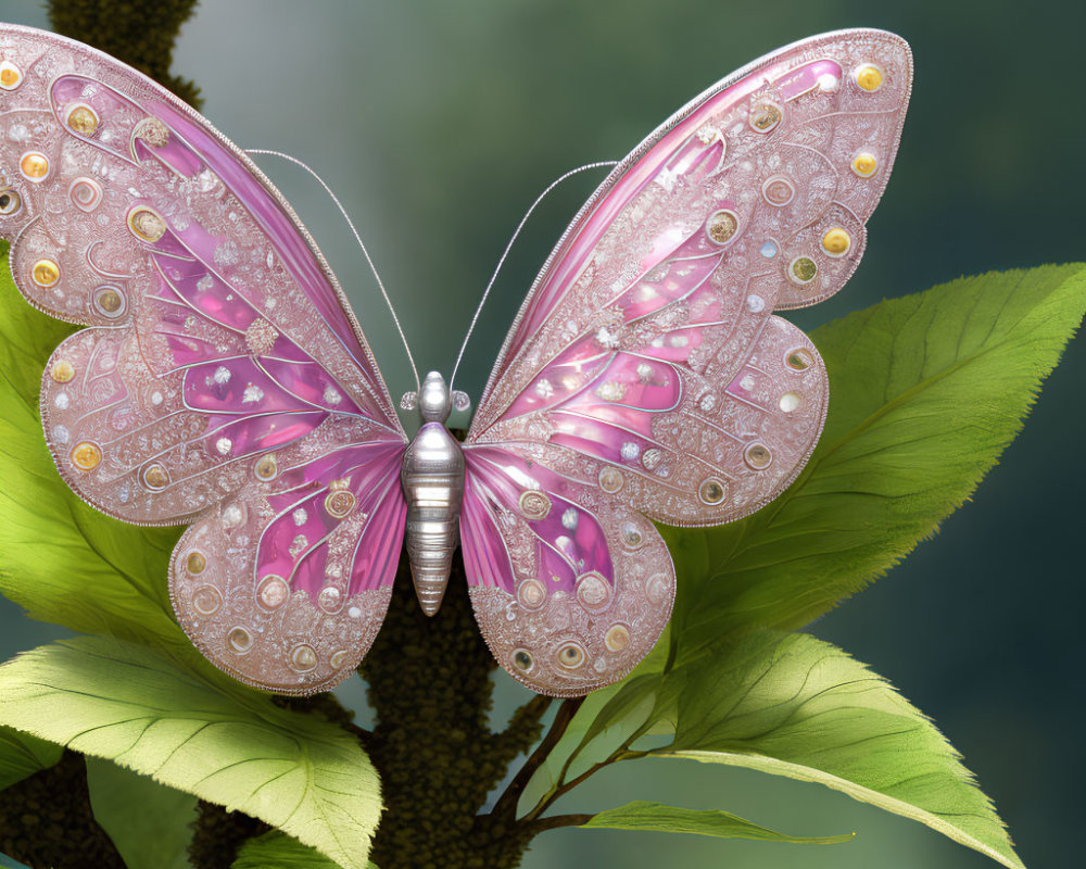 Mechanical butterfly with pink ornate wings on leafy branch