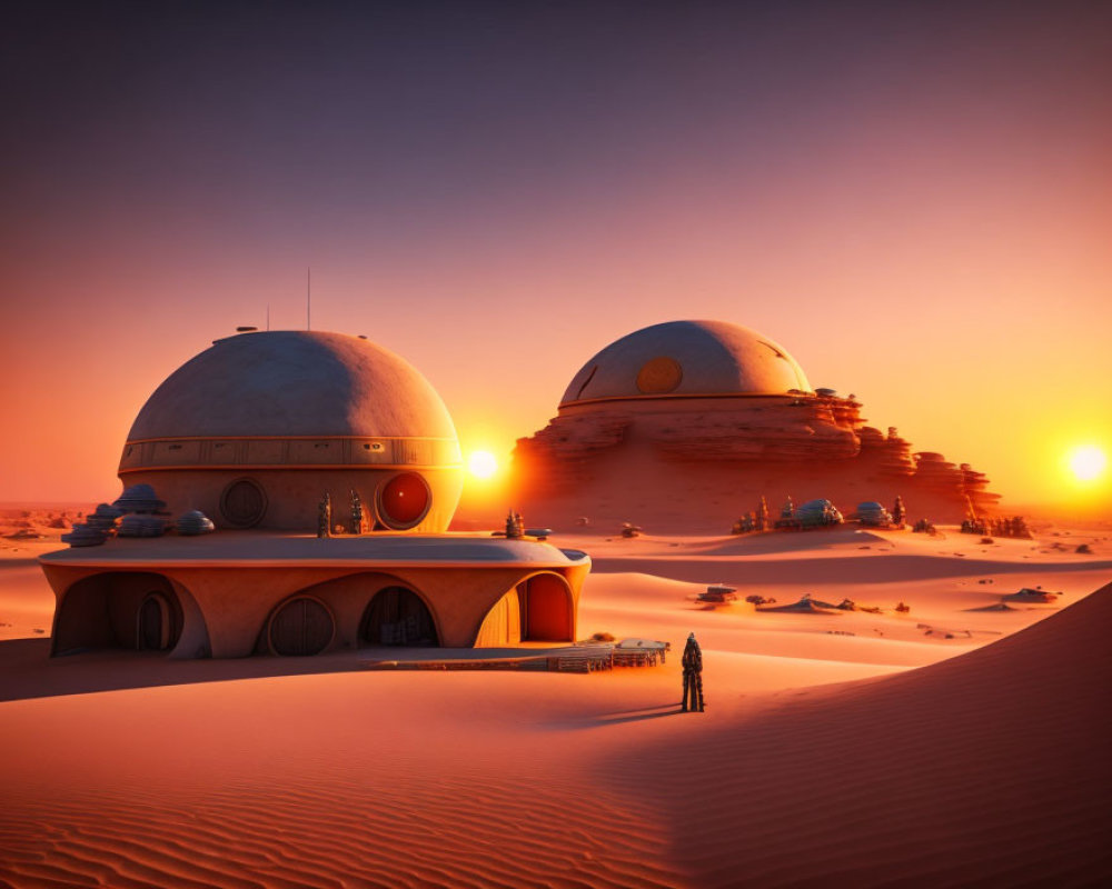 Desert sunset scene with dome-shaped buildings and figure in foreground