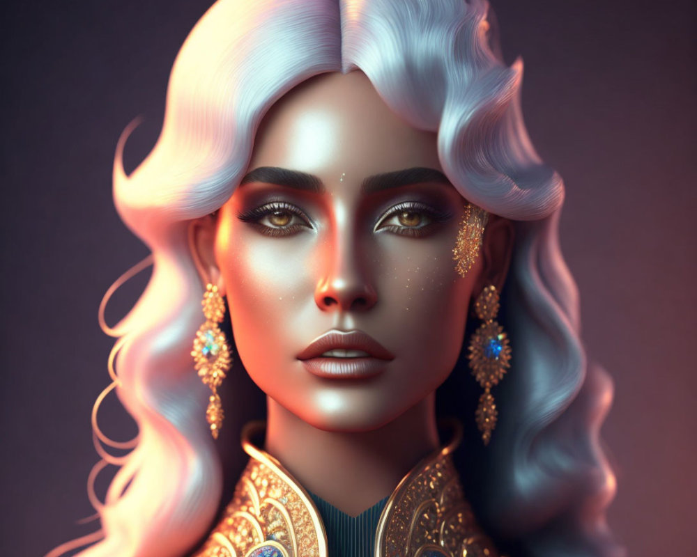 Woman with Silver Hair and Golden Makeup in 3D Illustration