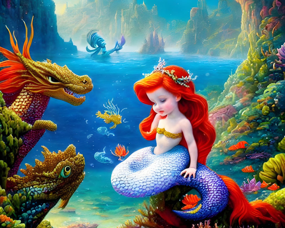 Colorful Underwater Fantasy Scene with Mermaid, Coral, Fish, and Dragons