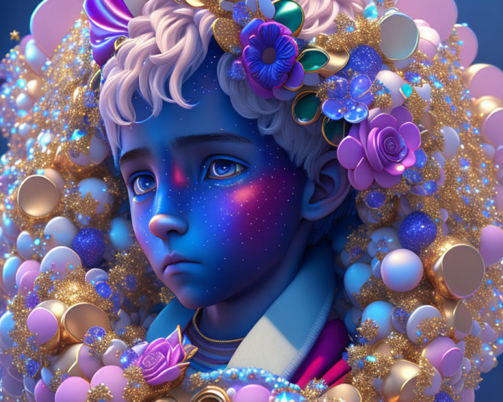 Fantasy portrait of child with blue skin, star-speckled cheeks, golden ornaments, flowers,