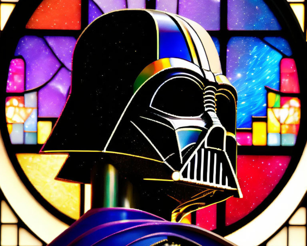 Character in Black Helmet Against Colorful Stained Glass Background