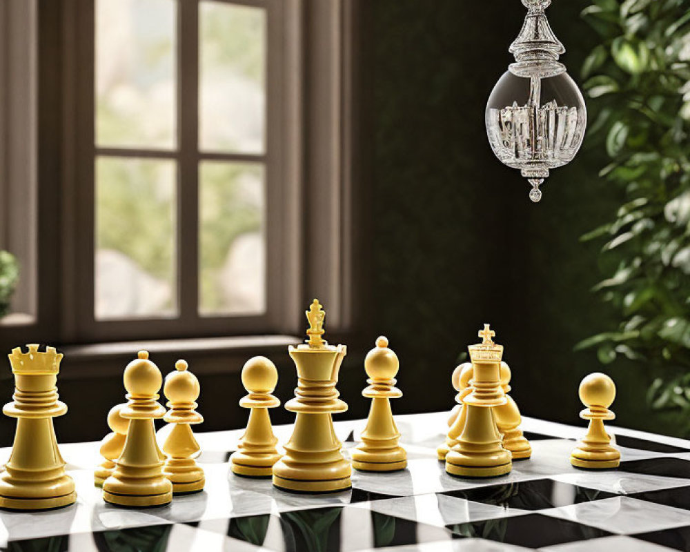 Chessboard by Window with Starting Position Pieces and Chandelier Above