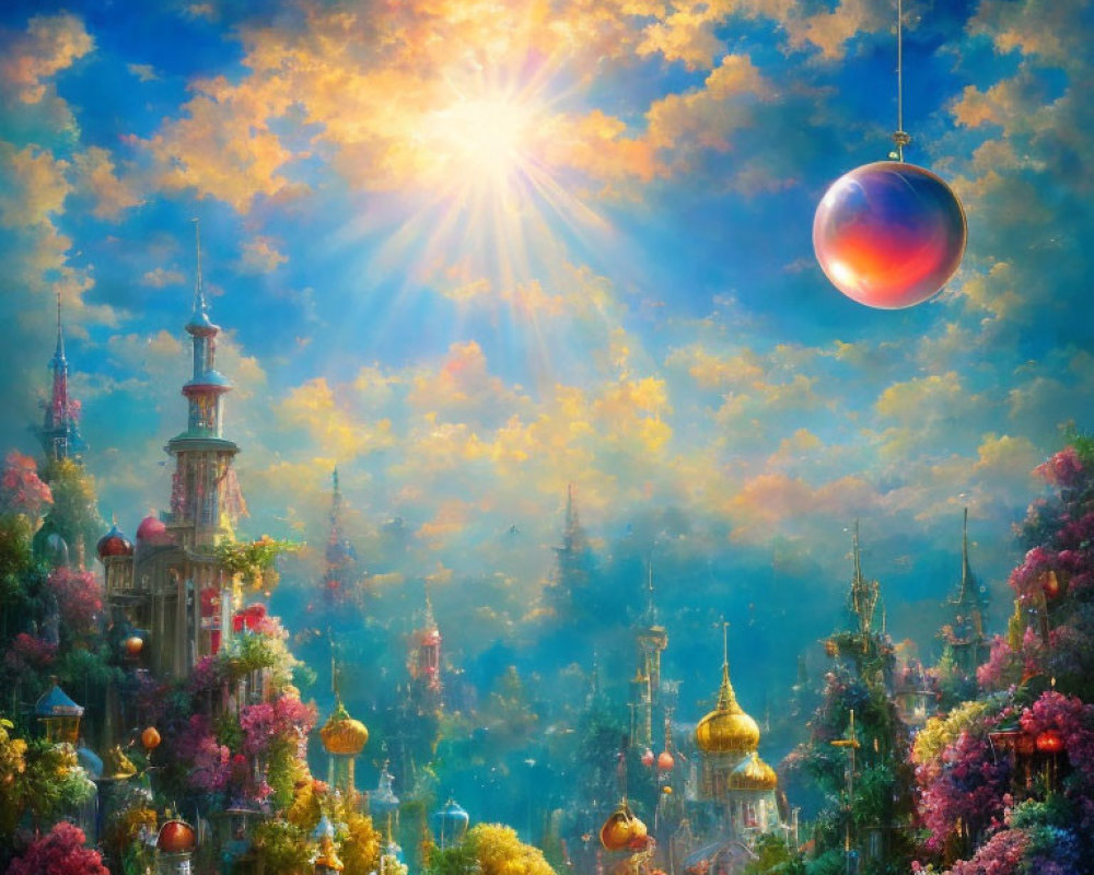 Fantasy landscape with ornate towers, lush trees, colorful flora, sunburst, and hanging orb