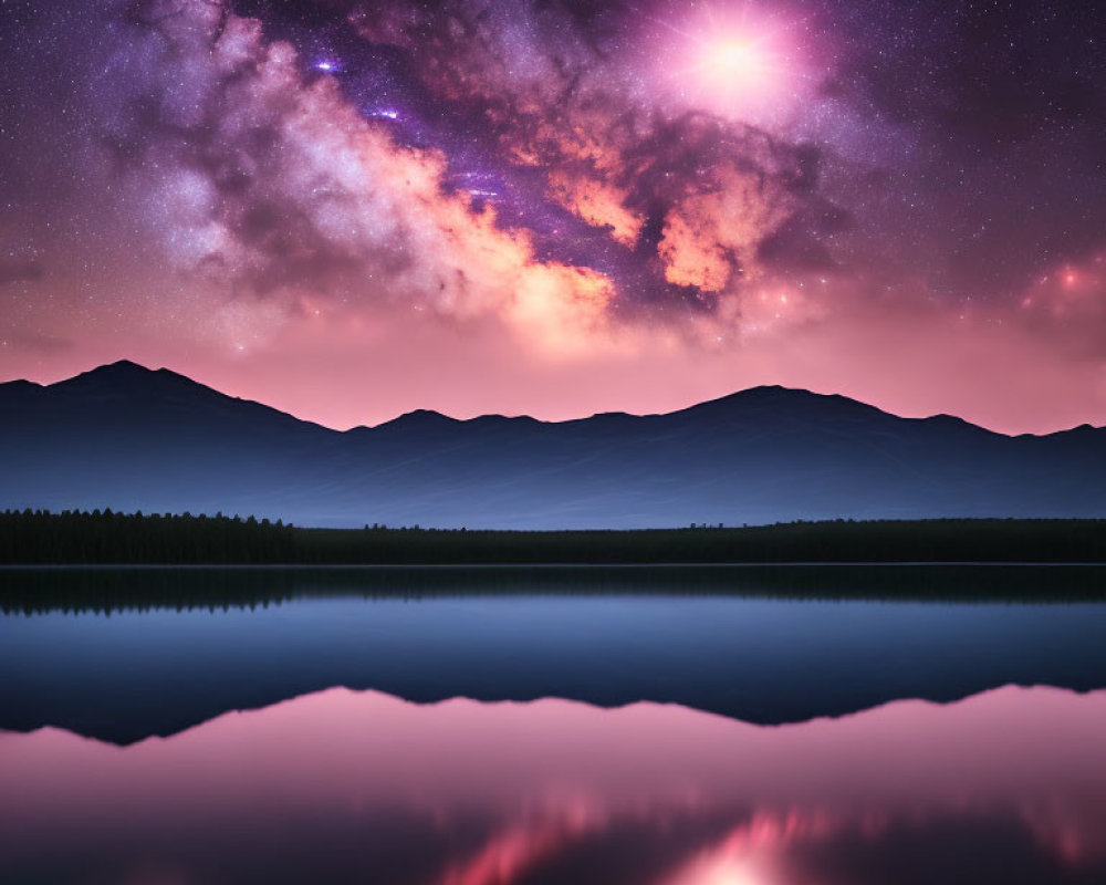 Vibrant Milky Way over serene mountain lake