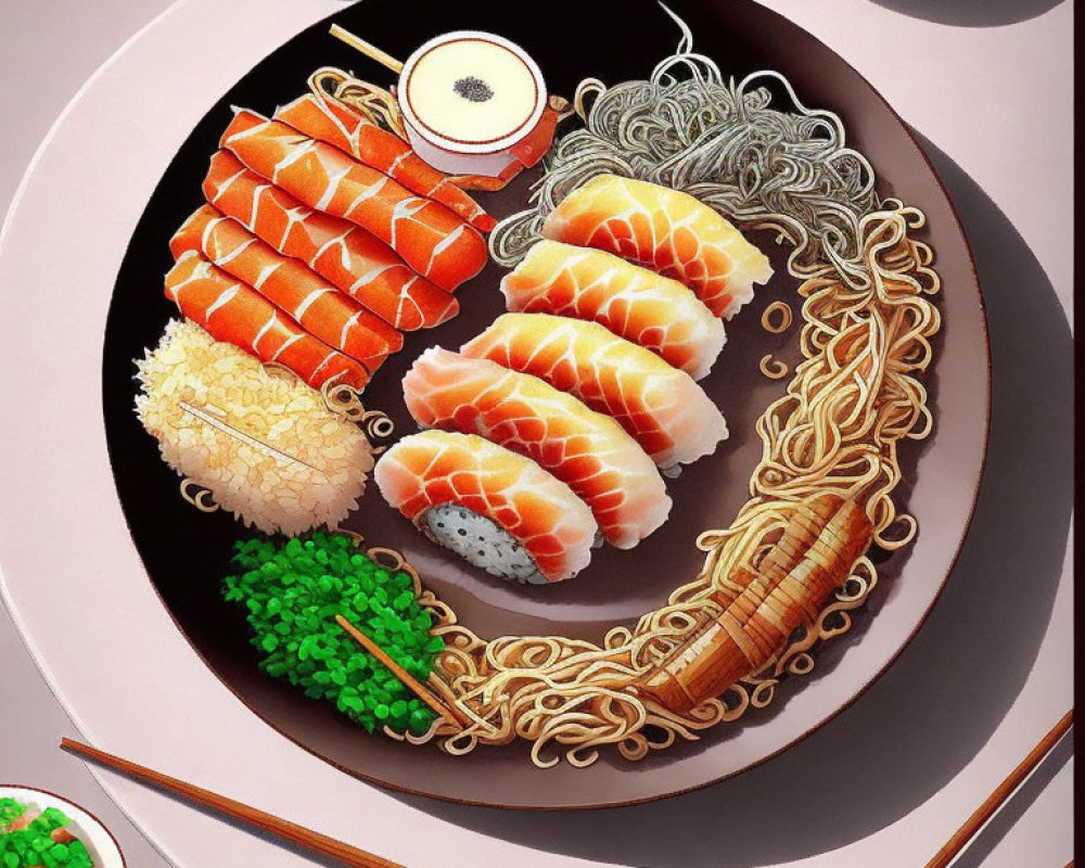 Assorted sushi and noodles on black plate with side dishes, pink background