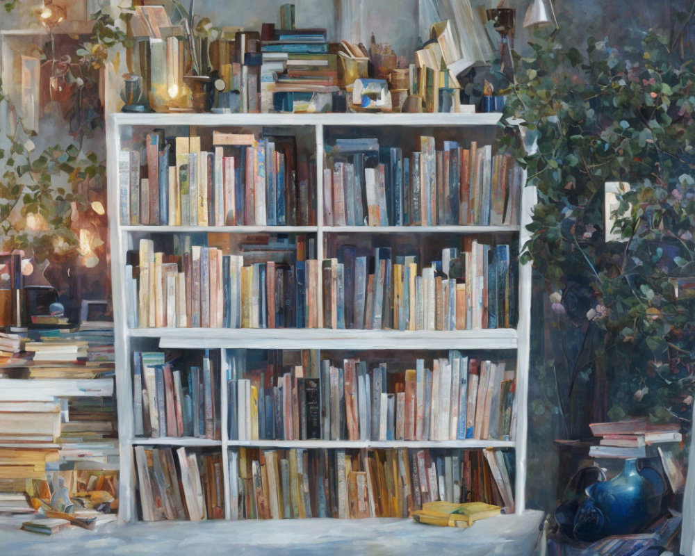 Inviting reading nook with bookshelf, books, warm lighting, and plants