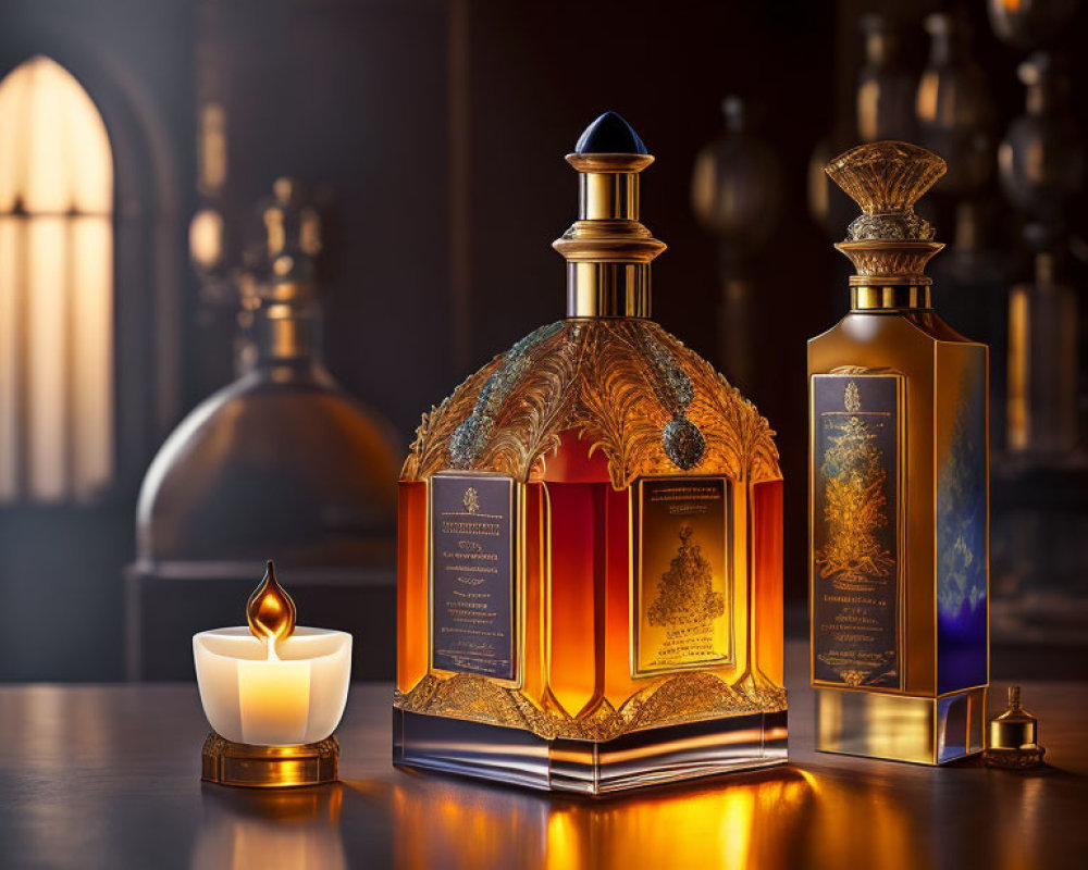 Luxurious perfume bottles with golden designs on dark table.