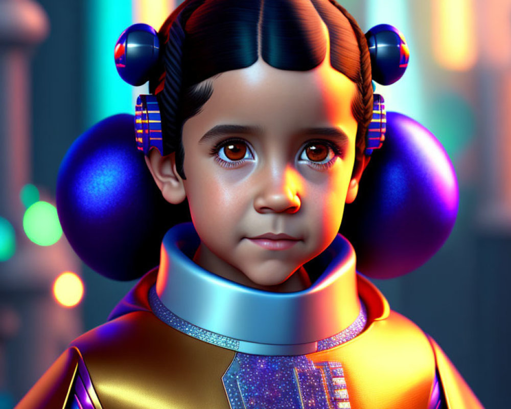 Child in Futuristic Attire with Unique Hairstyle